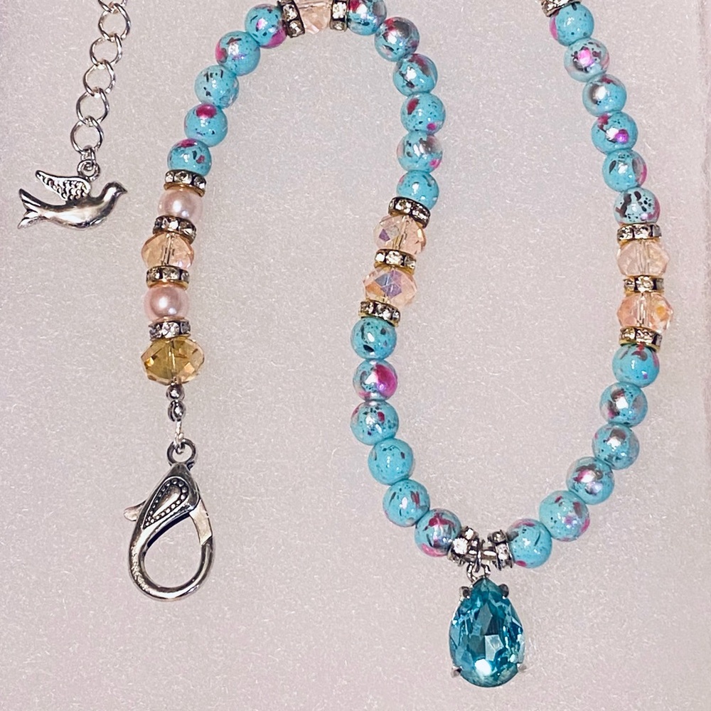 BLUE ICE WITH DOVE Necklace. Glittering Gorgeous Blue & Pink Artisan Glass